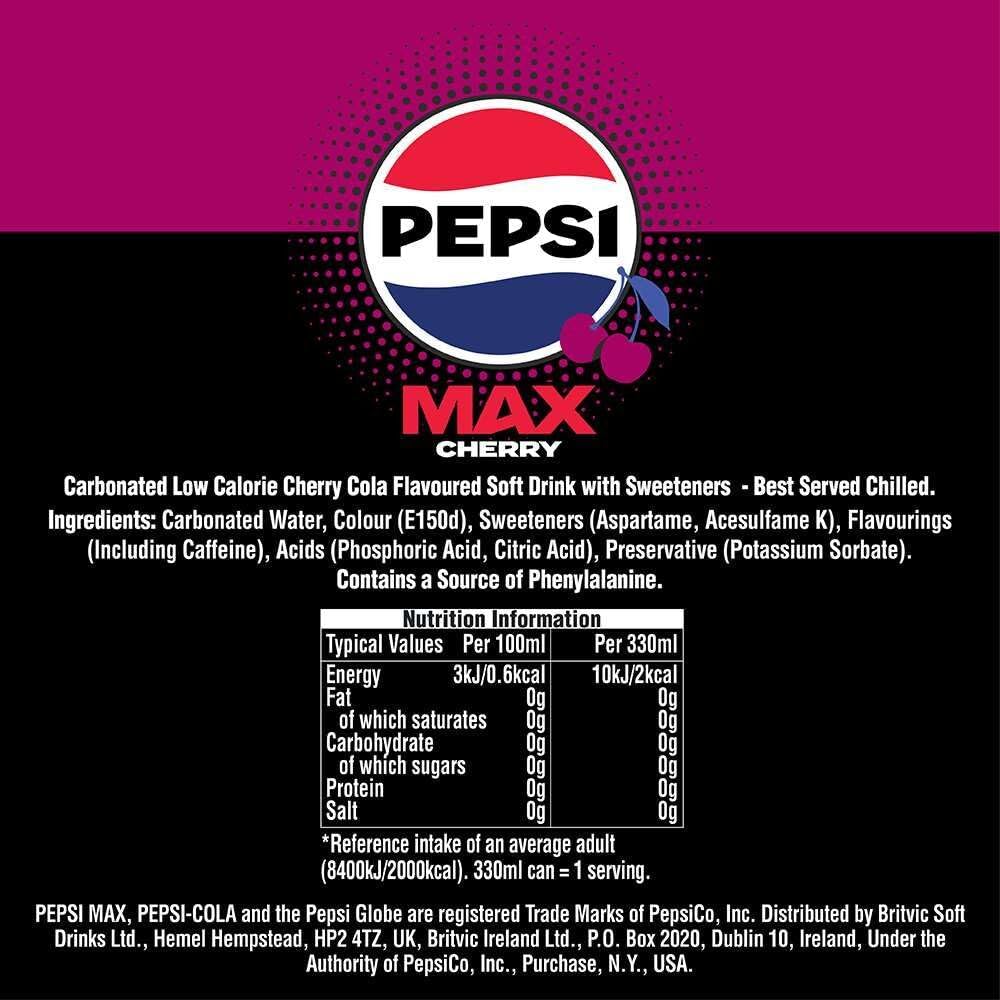 Pepsi Max Cherry No Sugar Cola Cans 24 x 330ml