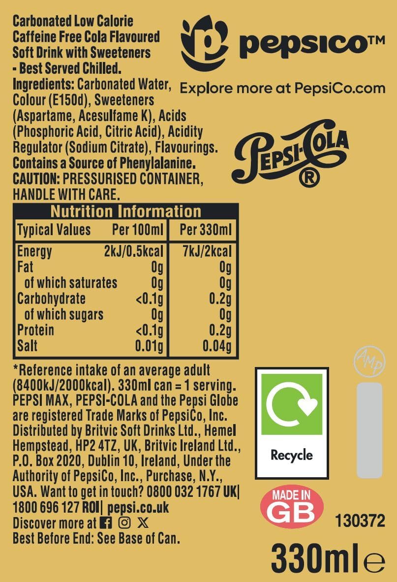 Pepsi Max No Caffeine 330ml Can (Pack of 24)