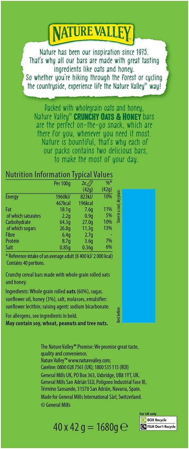 Nature Valley Crunchy Granola Bars Oats 'n' Honey 40 Pack 2 Bars Per Pack