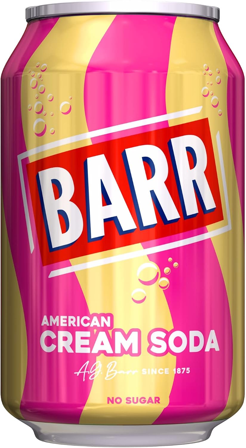 BARR 24 Pack American Cream Soda, Zero No Sugar Sparkling Soft Drink with a Creamy Taste of American Cream Soda Fizzy Pop, 24 x 330ml Cans