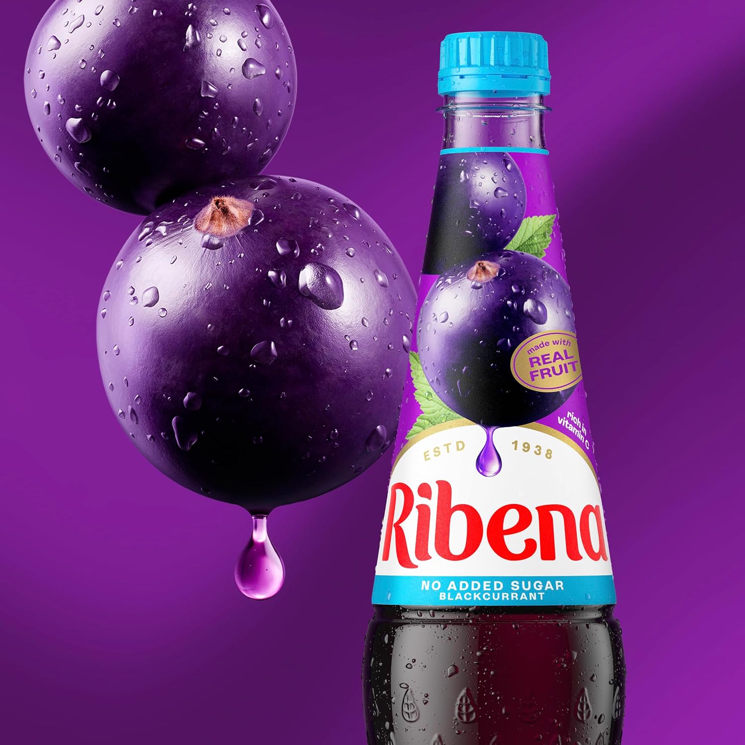 Ribena Blackcurrant Squash No Added Sugar 1.5L – Real British Blackcurrants | Rich in Vitamin C | No Artificial Colours or Flavours | 100% Recycled Plastic Bottle