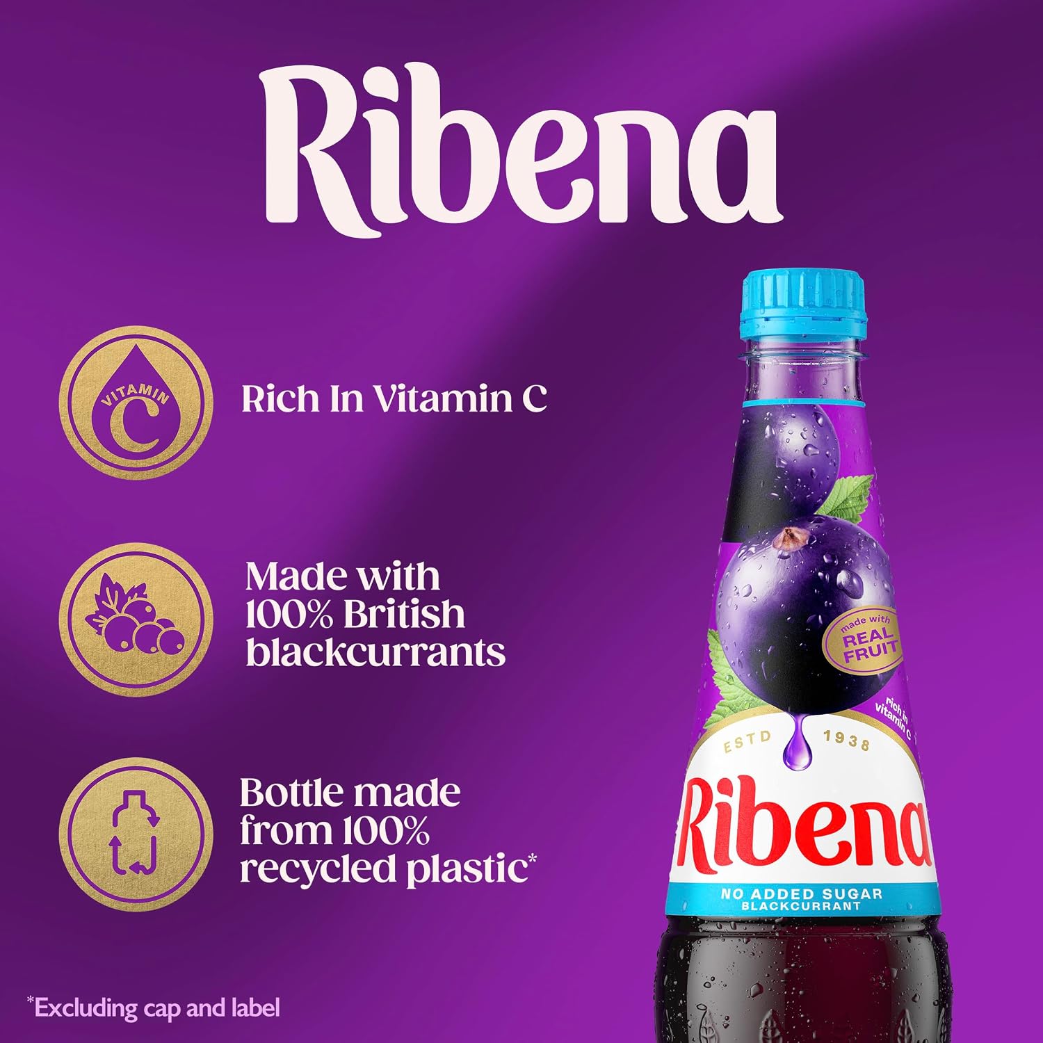 Ribena Blackcurrant Squash No Added Sugar 1.5L – Real British Blackcurrants | Rich in Vitamin C | No Artificial Colours or Flavours | 100% Recycled Plastic Bottle