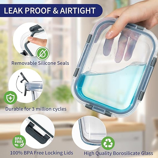 12-Pack Airtight Glass Meal Prep Containers with Leakproof Lids – Microwave, Oven, Freezer & Dishwasher Safe