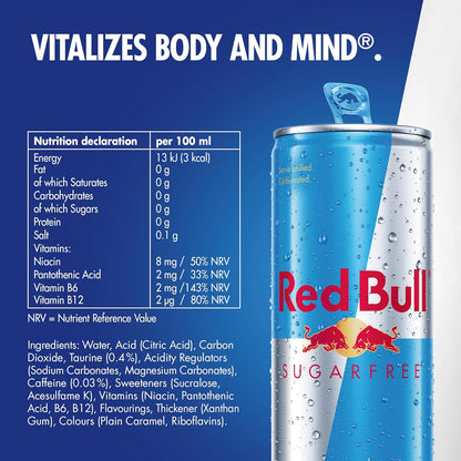 Red Bull Energy Drink Sugar Free, 250 ml (Pack of 12)