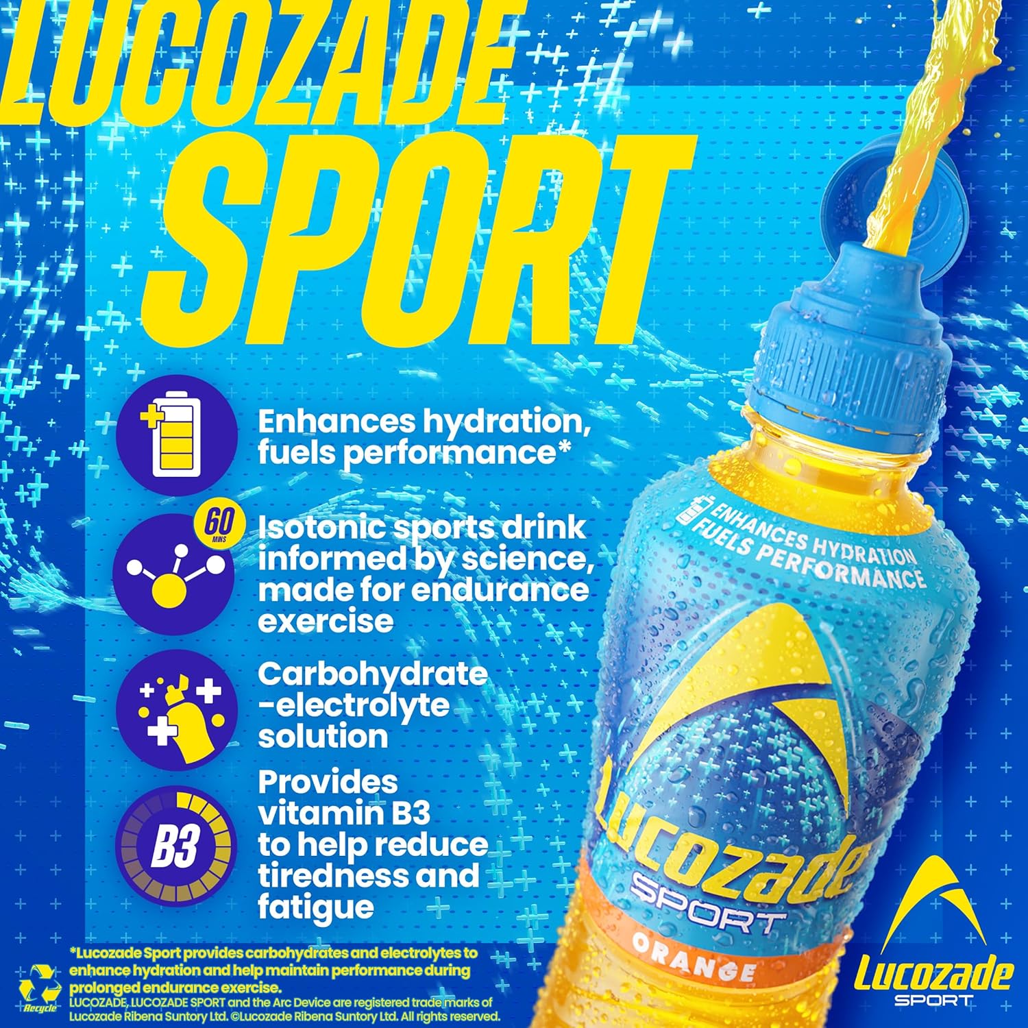 Lucozade Sport Body Fuel - Orange 4x500ml , Isotonic sports drink, with Electrolytes and Vitamin B3 ,Still , Bursting with Flavour
