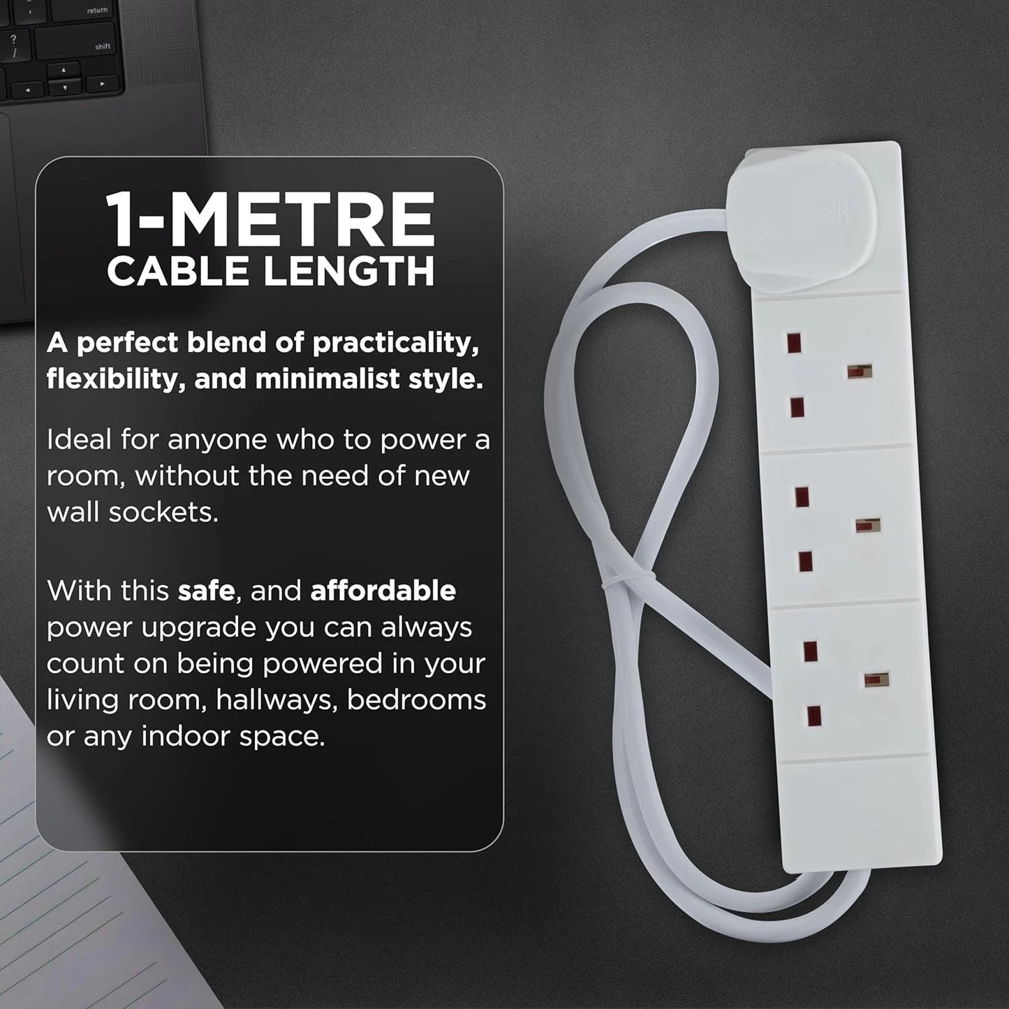 STATUS 4 Way Socket Extension Lead, 1M Cable Multi-Plug Power Strip for Home &amp; O