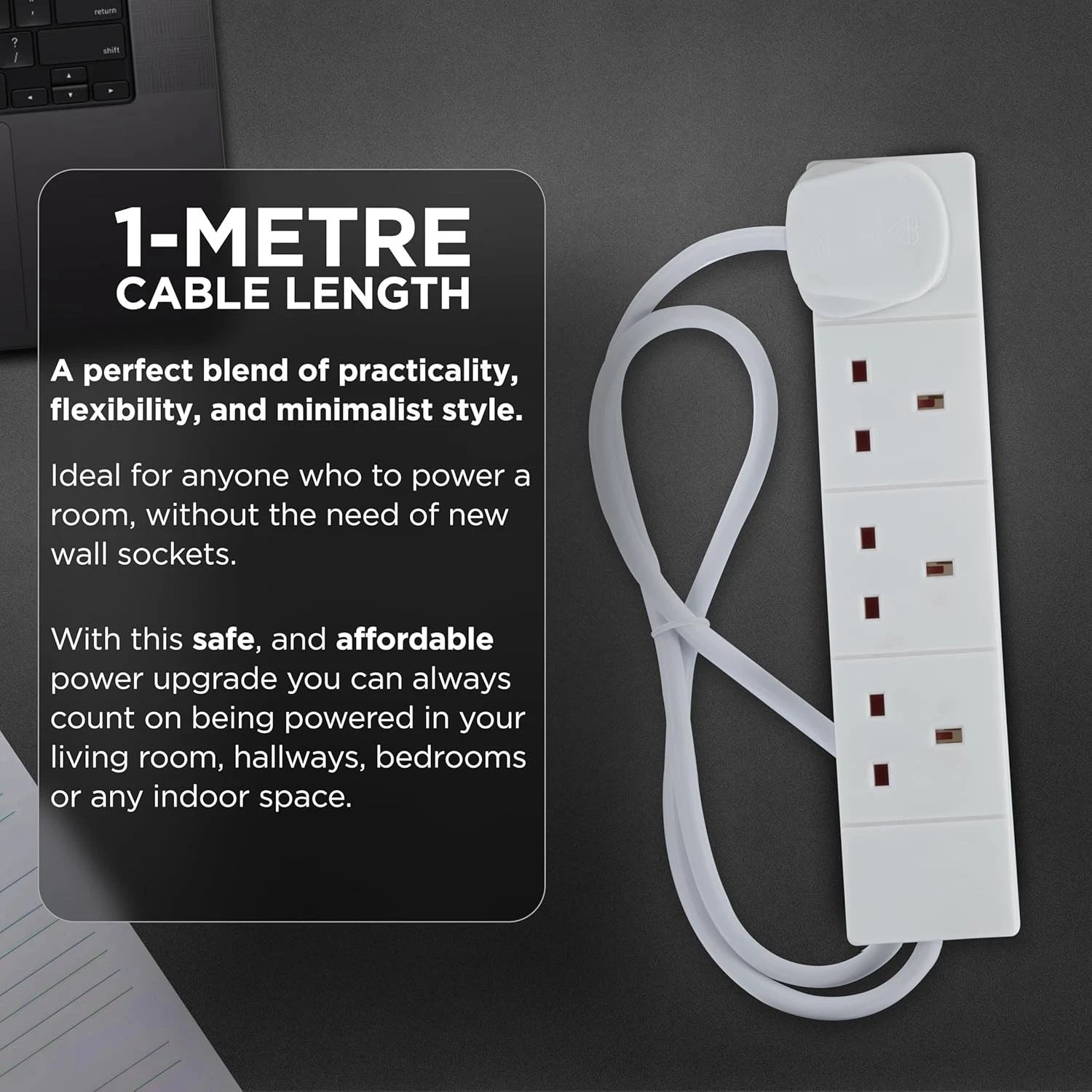STATUS 4 Way Socket Extension Lead, 1M Cable Multi-Plug Power Strip for Home &amp; O