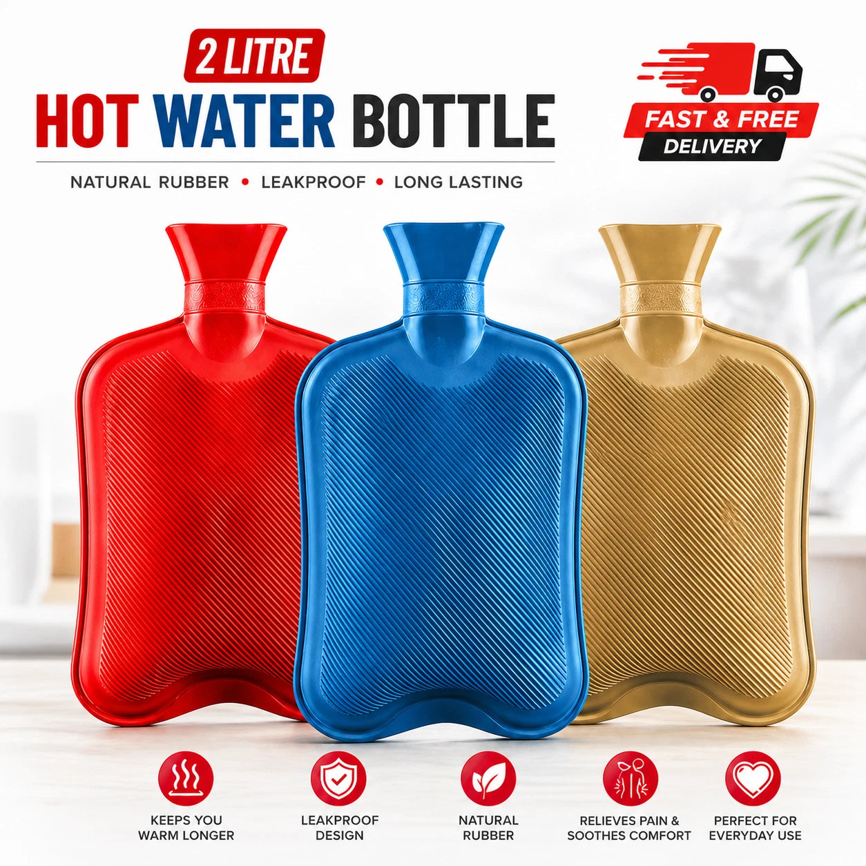 2L Hot Water Bottle Natural Rubber Leakproof Warm Bag Pain Relief Assorted color