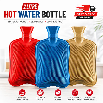 2L Hot Water Bottle Natural Rubber Leakproof Warm Bag Pain Relief Assorted color