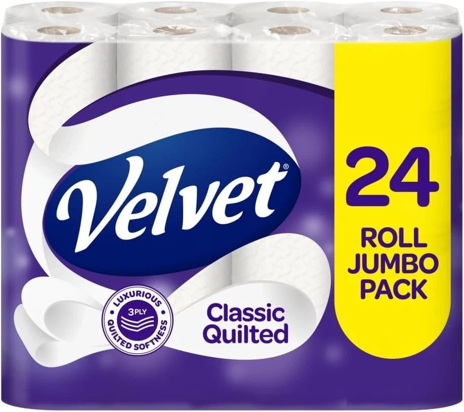 Velvet Classic Quilted Toilet Tissue Jumbo Bulk Pack 24 Rolls - 3-ply - White.