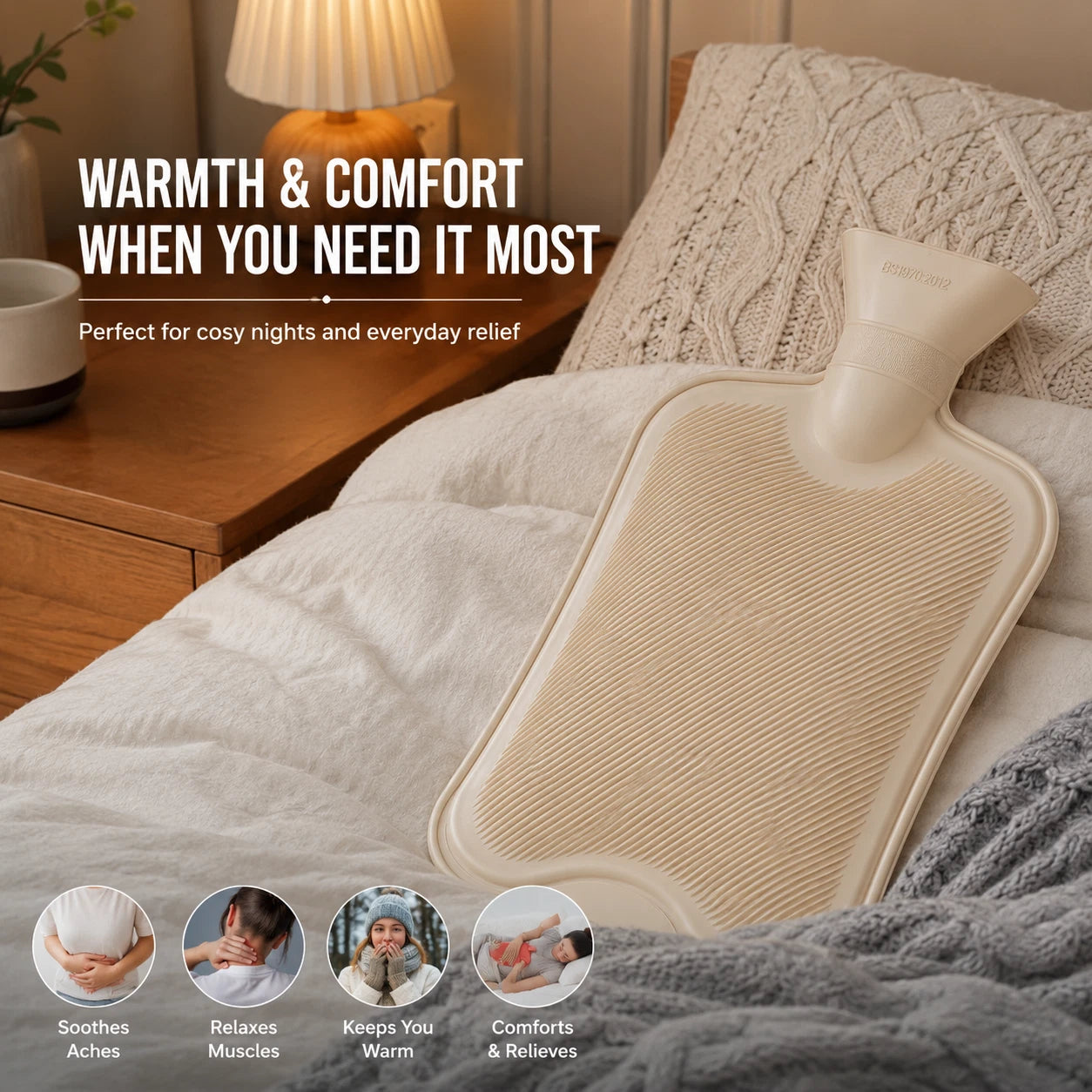 2L LARGE NATURAL RUBBER RIBBED HOT WATER BOTTLE BED WARMER WINTER WARM COLD