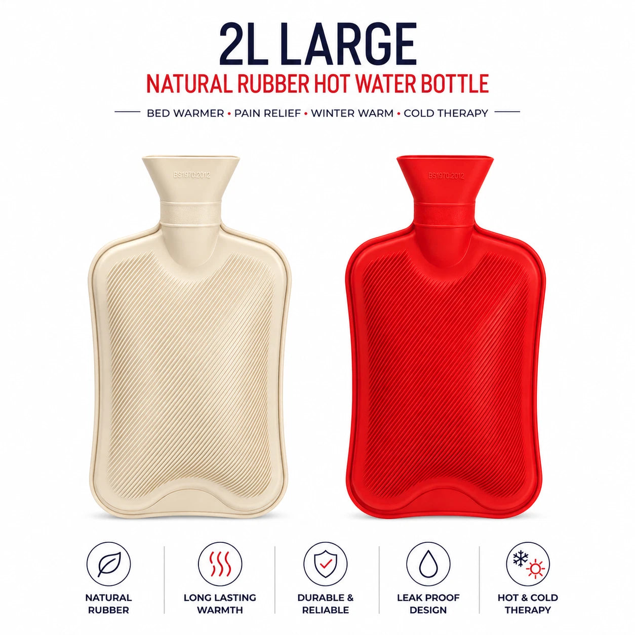 2L LARGE NATURAL RUBBER RIBBED HOT WATER BOTTLE BED WARMER WINTER WARM COLD