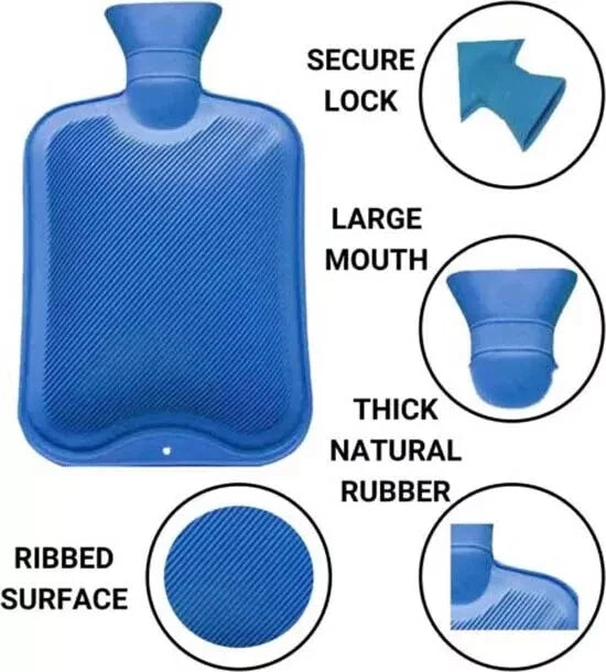 2L Hot Water Bottle Natural Rubber Leakproof Warm Bag Pain Relief Assorted color