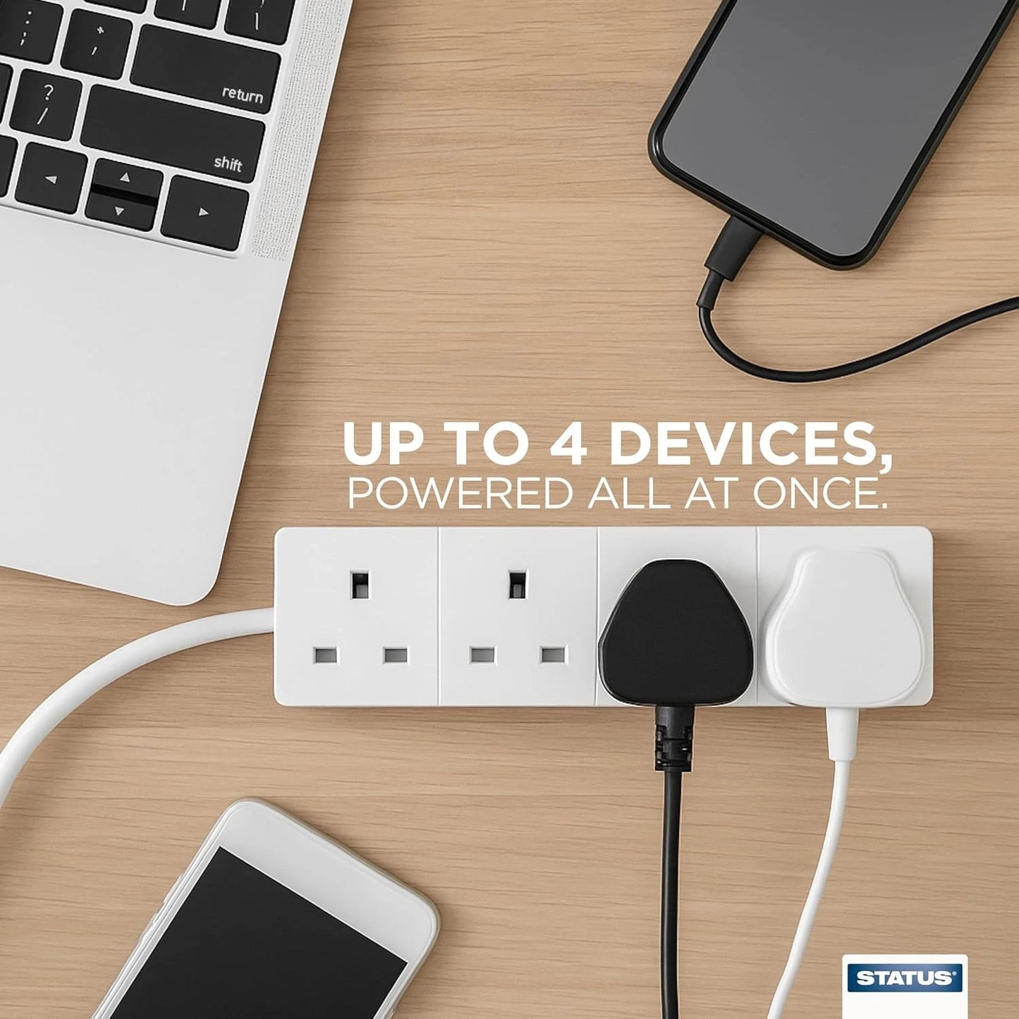 STATUS 4 Way Socket Extension Lead, 1M Cable Multi-Plug Power Strip for Home &amp; O