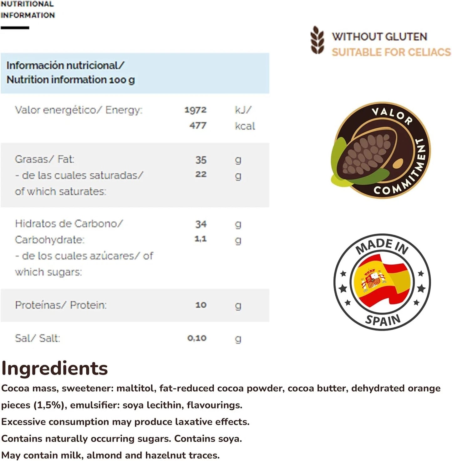 Valor Sugar Free Dark Chocolate Bar - Diabetic with 100g