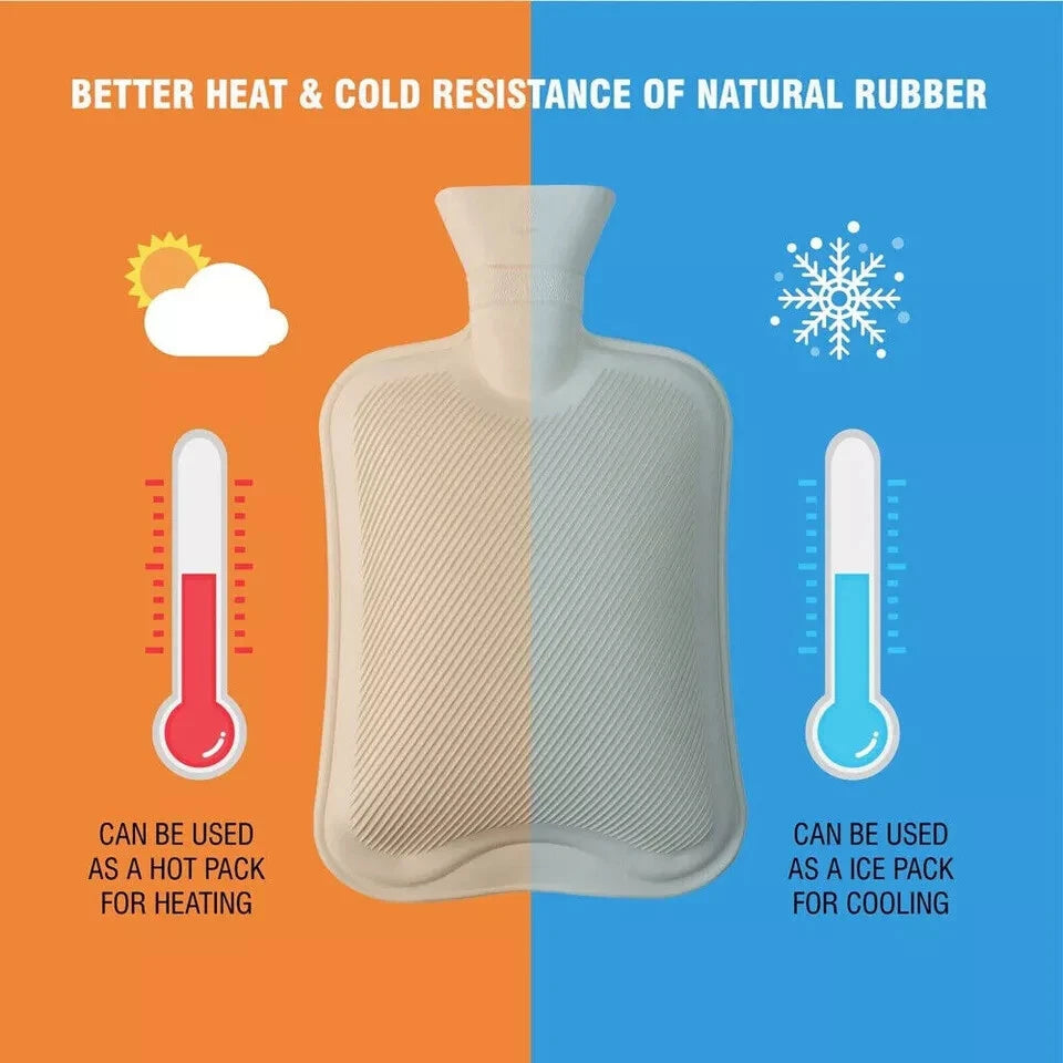 2L Hot Water Bottle Natural Rubber Leakproof Warm Bag Pain Relief Assorted color