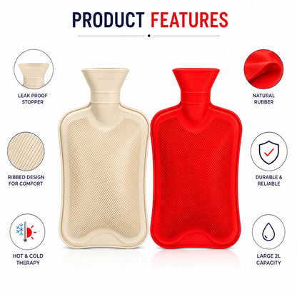 2L LARGE NATURAL RUBBER RIBBED HOT WATER BOTTLE BED WARMER WINTER WARM COLD