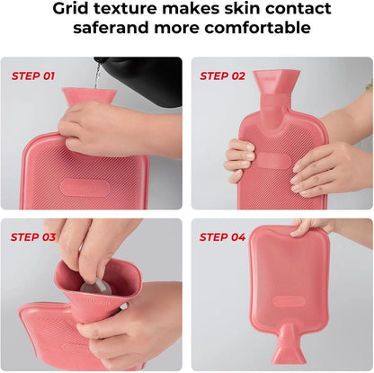 2L Hot Water Bottle Natural Rubber Leakproof Warm Bag Pain Relief Assorted color