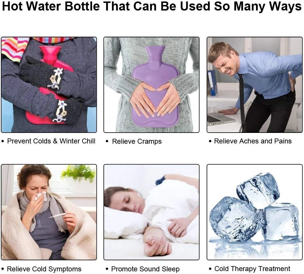 2L Hot Water Bottle Natural Rubber Leakproof Warm Bag Pain Relief Assorted color