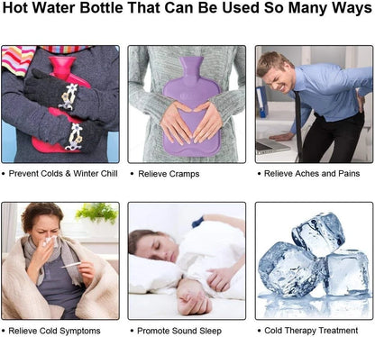2L Hot Water Bottle Natural Rubber Leakproof Warm Bag Pain Relief Assorted color