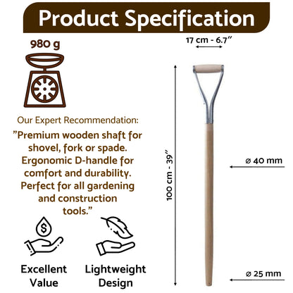 D Type 1m Long Solid Wooden Shovel Spade Fork Shaft with Metal Handle New ❀ D02